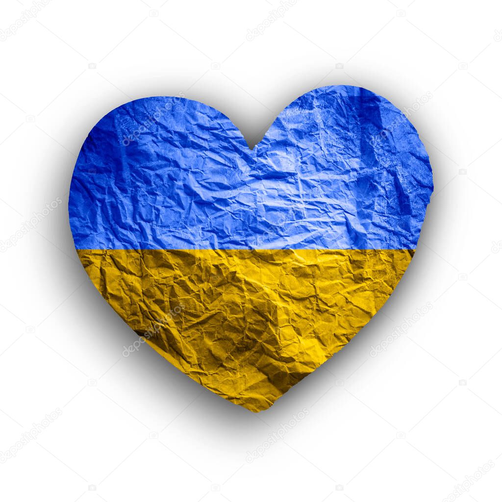 Flag of Ukraine in paper heart shape isolated on white background. Ukrainian national symbol.
