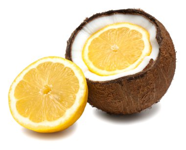 Lemon inside, beside coconut isolated on white clipart
