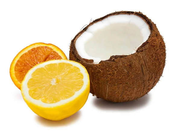 Halved orange, coconut and lemon isolated on white — Stock Photo, Image