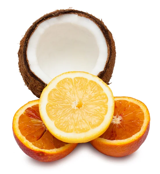 Halved orange, half of coconut and lemon isolated on white — Stock Photo, Image