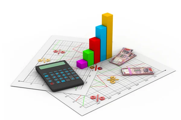 Biznes wykres z kalkulatora i indyjski pieniądze — Zdjęcie stockowe