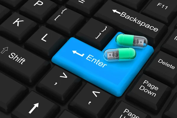 Pill filled with dollar on keyboard — Stock Photo, Image