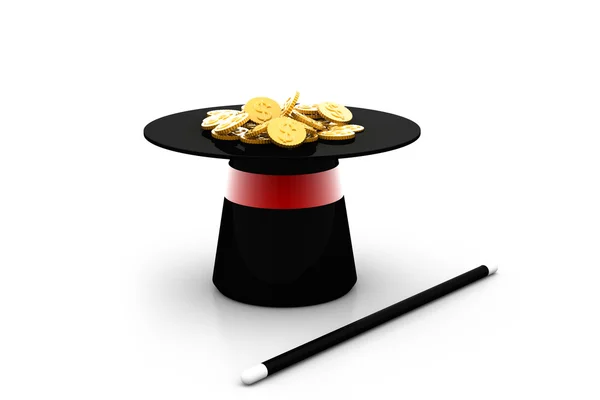 Magic hat and wand with dollar coin — Stock Photo, Image