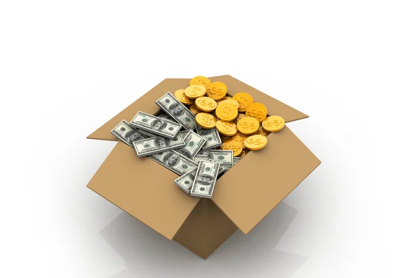 Open Cardboard box with money — Stock Photo, Image