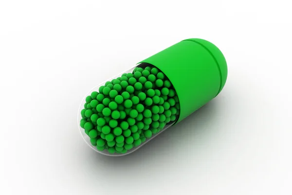 Pilule ou capsule 3d pleine de boules brillantes . — Photo