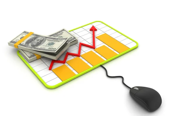 Financiële planning. grafiek met een muis en dollar bankbiljetten. — Stockfoto