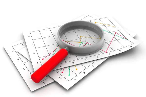 Business diagram och förstora glas — Stockfoto