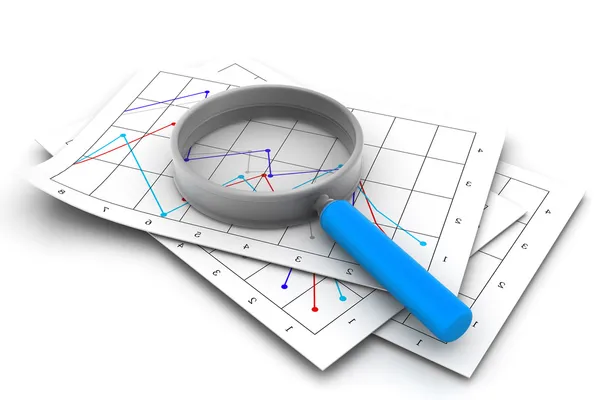 Geschäftsdiagramme und Lupe — Stockfoto