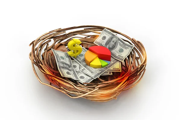 Obchodní diagram a dolar na hnízdě. — Stock fotografie