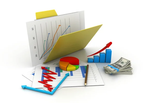 Ordner mit Geschäftsdiagramm, Grafik und Geld — Stockfoto