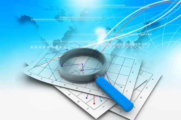 Business diagram och förstora glas — Stockfoto