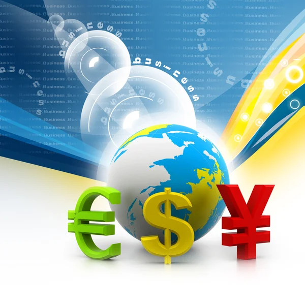 Globo com símbolos de moeda em fundo abstrato — Fotografia de Stock