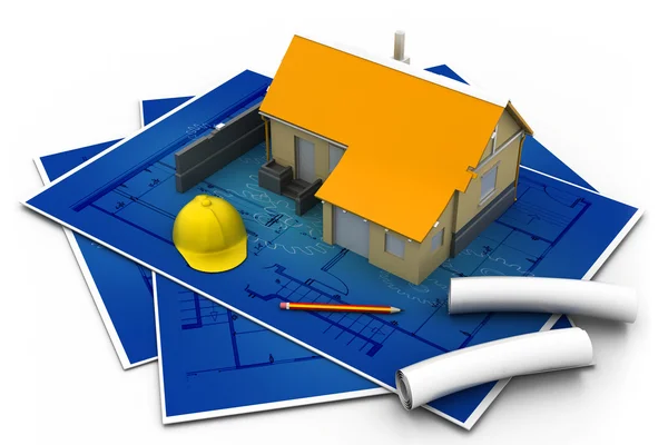 3d house and blueprints — Stock Photo, Image
