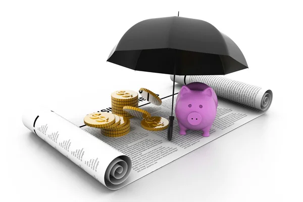 Piggy bank and dollar coins under a umbrella — Stock Photo, Image