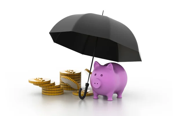 Banco porquinho e moedas de dólar sob um guarda-chuva — Fotografia de Stock
