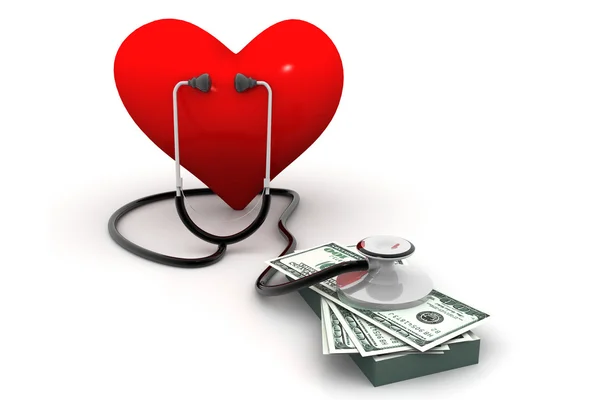 Serce stetoskopem i pieniędzmi — Zdjęcie stockowe