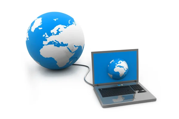 Computer connected to earth globe — Stock Photo, Image
