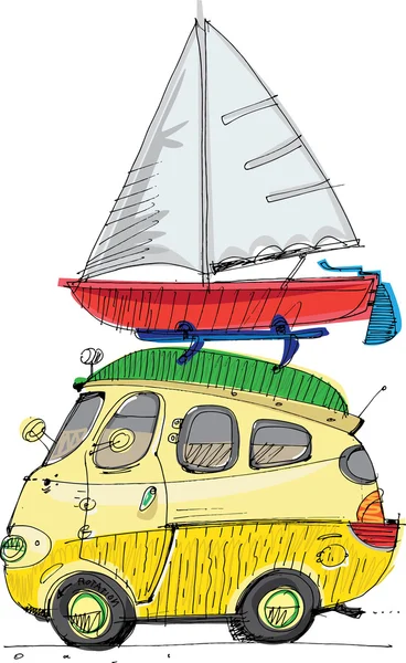 Gele bus met boot op het dak — Stockvector