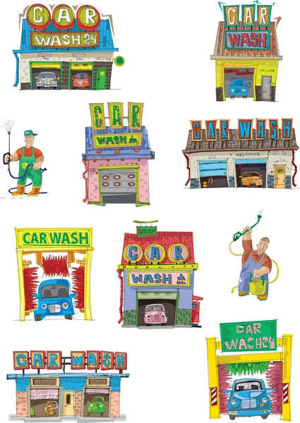 Conjunto de lavagens de carro - desenho animado —  Vetores de Stock