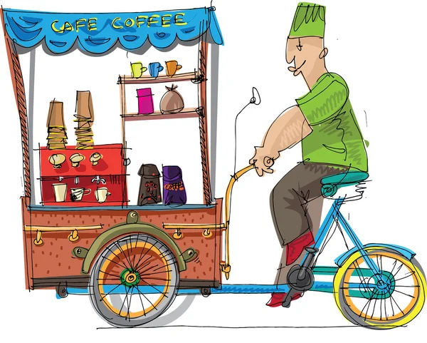 Mobiele fiets gebaseerd café - cartoon — Stockvector