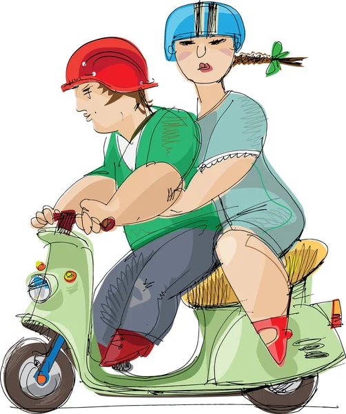 Pareja en scooter - dibujos animados — Archivo Imágenes Vectoriales