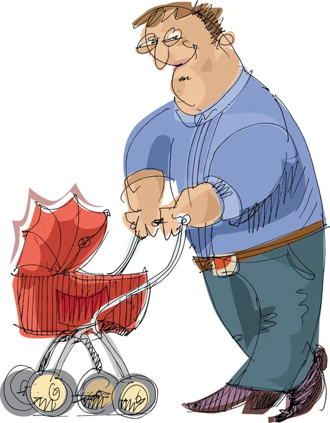 Vater mit Kinderwagen - Cartoon — Stockvektor