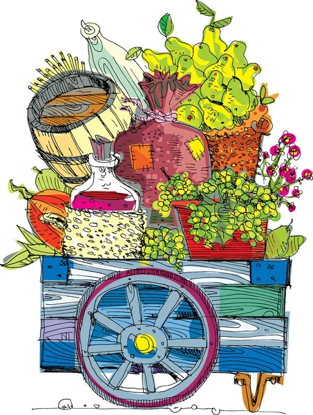 Košík s ovocem a zeleninou - kreslený — Stockový vektor