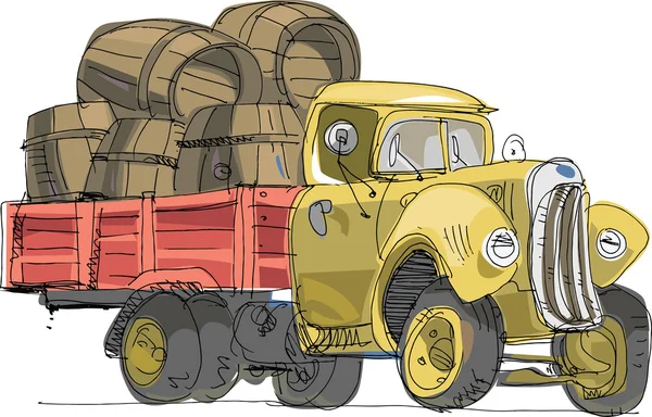 Camião vintage carregado com barril - desenho animado — Vetor de Stock