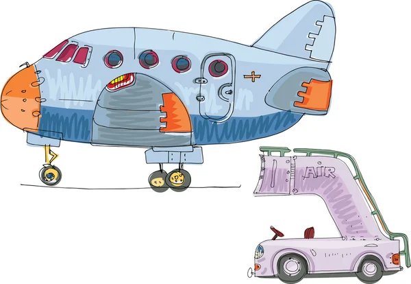 Vintage passagiersvliegtuig en ramp - cartoon — Stockvector