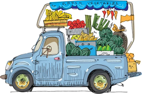 Vehicle full of fruits and vegetables - cartoon — Stock Vector