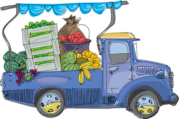 Vehicle full of fruits and vegetables - cartoon