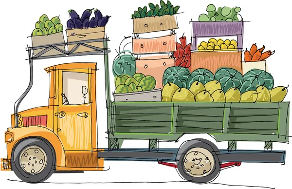 Транспорт полный фруктов и овощей - мультфильм — стоковый вектор