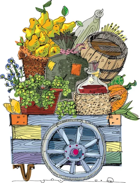 Cart with vegetables and fruits - cartoon — Wektor stockowy