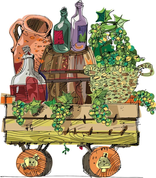 Um carrinho de madeira vintage cheio de uvas e videira - desenho animado — Vetor de Stock