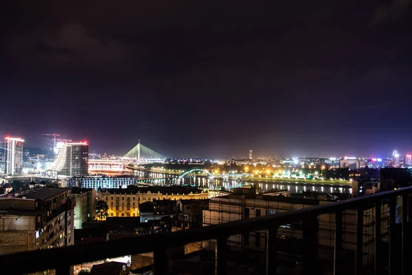 Panoramic Night View Belgrade Beograd Serbian River Danube Sava Bridges — Fotografia de Stock