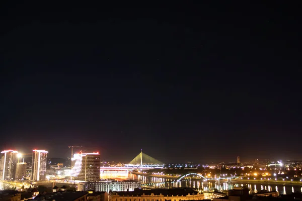 Panoramic Night View Belgrade Beograd Serbian River Danube Sava Bridges — Foto de Stock