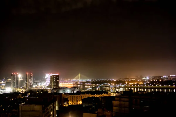 Panoramic Night View Belgrade Beograd Serbian River Danube Sava Bridges — Stock Photo, Image