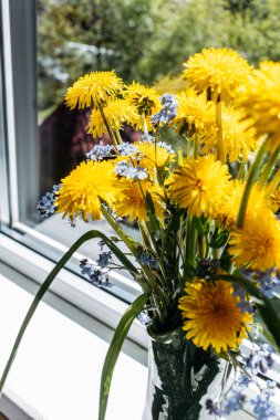Kil vazodaki sarı karahindiba buketi kırsal alandaki pencerenin kenarında duruyor.