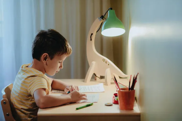 Anak itu melakukan pekerjaan rumahnya sambil duduk di meja. — Stok Foto