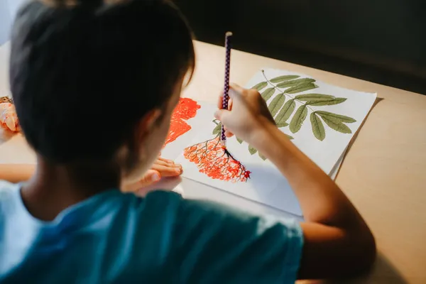 Schattig kind zittend aan bureau en tekening rowanberries op album blad met droge rowan bladeren — Stockfoto