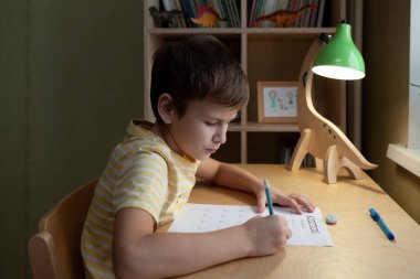 Matematik dersi veren bir öğrenci çocuk çocuk odasında masada oturuyor.
