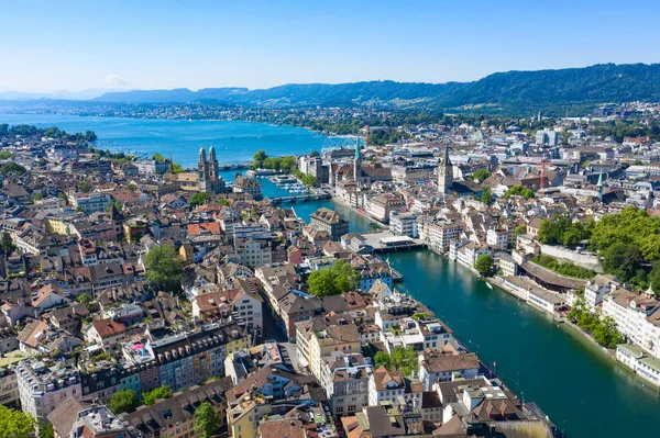 Vedere Aeriană Râului Limmat Faimoaselor Biserici Din Zurich Zurich Este — Fotografie, imagine de stoc
