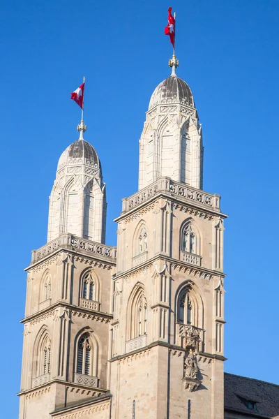 Famous Double Headed Grossmunster Cathedral Zurich Switzerland — Stock Photo, Image