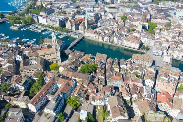 Aerial View Limmat River Famous Zurich Churches Zurich Important Financial — Stock Photo, Image