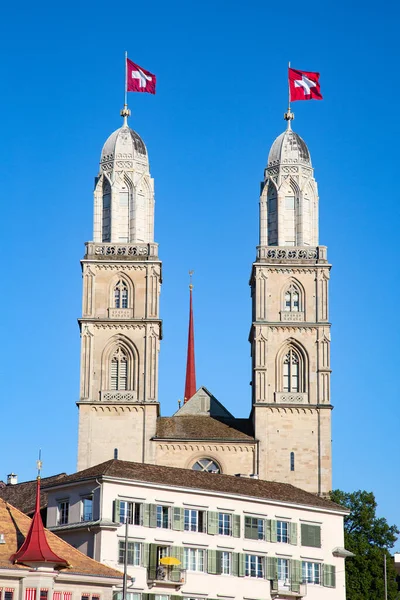Famous Double Headed Grossmunster Cathedral Zurich Switzerland — Stock Photo, Image