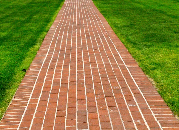 Brick pathway along green grass — Stock Photo, Image
