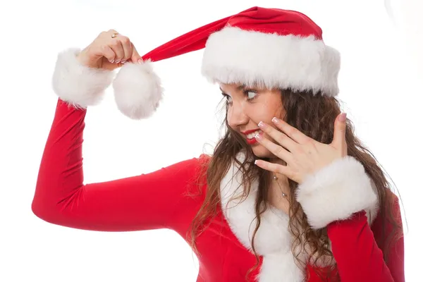 Karácsonyi lány piros santa kalap. elszigetelt. — Stock Fotó