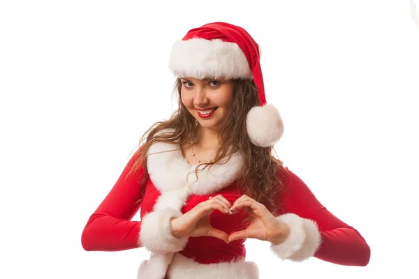 Christmas flicka i santa röd hatt. isolerade. — Stockfoto