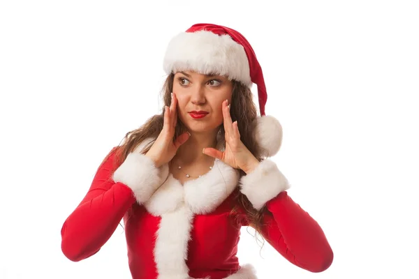 Christmas flicka i santa röd hatt. isolerade. — Stockfoto