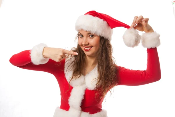 Boże Narodzenie dziewczyna w santa czerwony kapelusz. na białym tle. — Zdjęcie stockowe